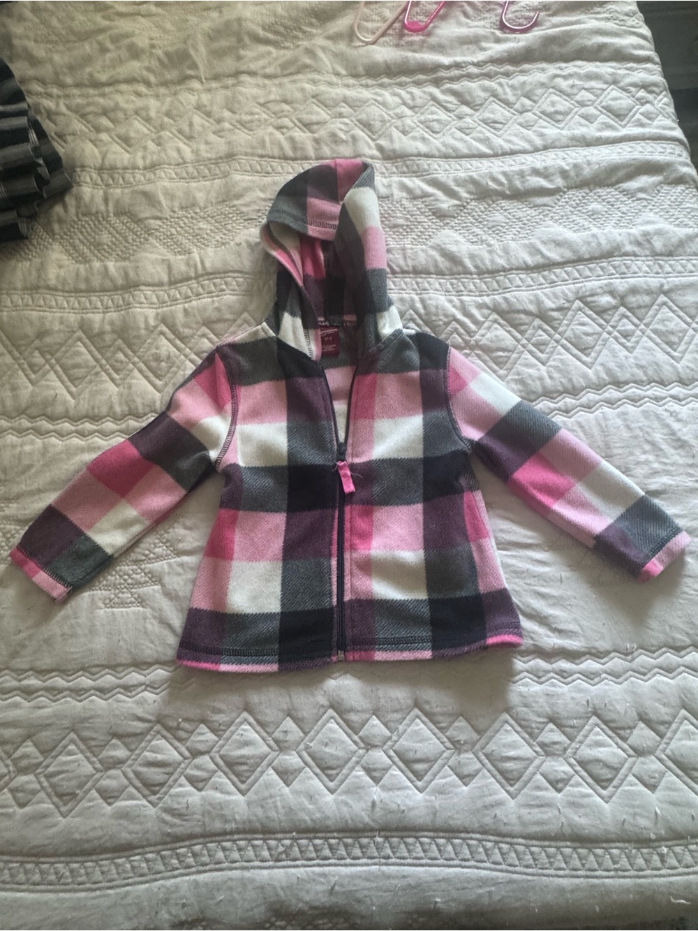 Arizona Jean Company Pink, Gray & White Plaid Hooded Fleece Jacket